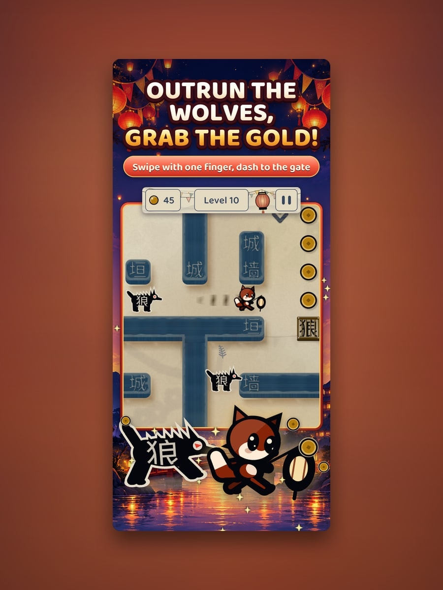 Foxlight — A fox with a lantern, and a maze made of letters.