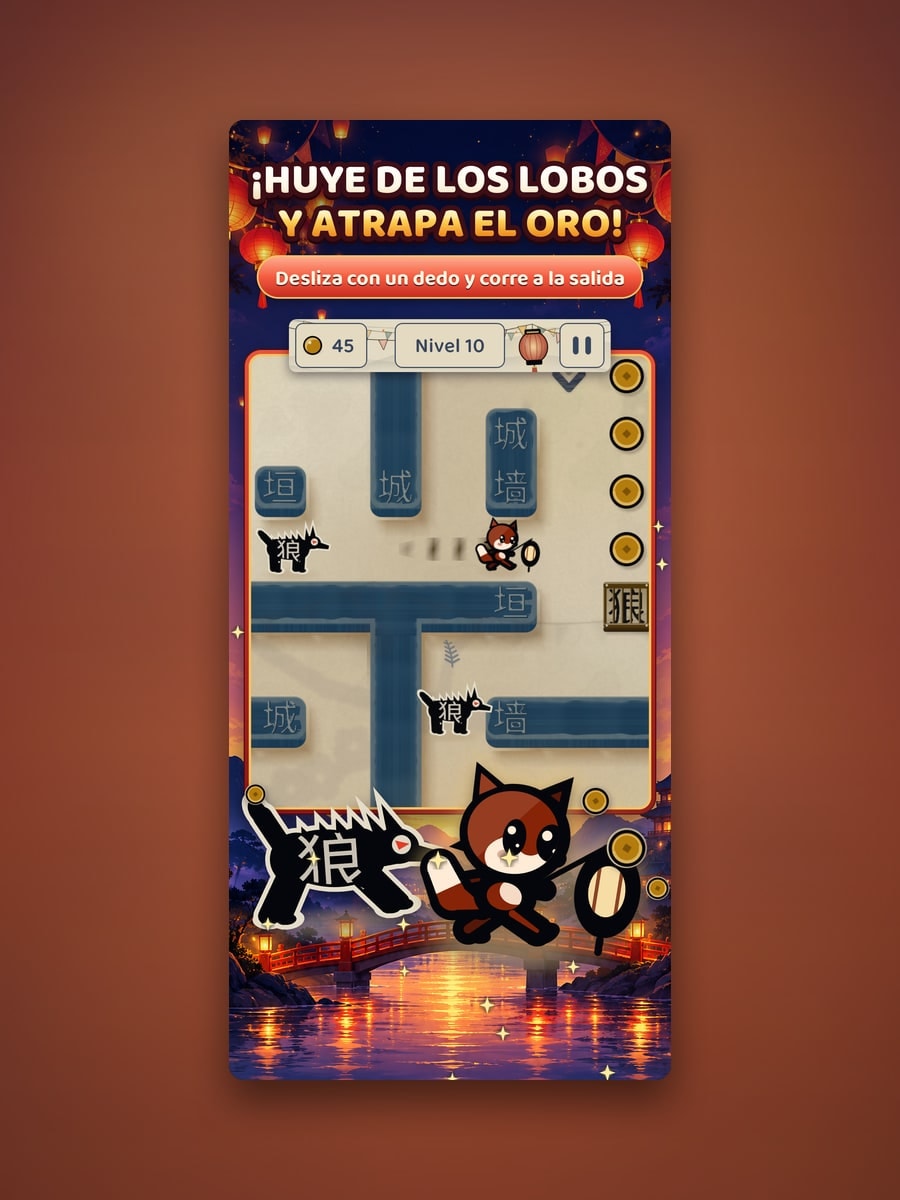 Foxlight — Un zorro con un farol y un laberinto hecho de letras.