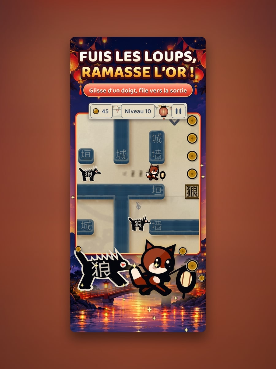 Foxlight — Un renard avec une lanterne, et un labyrinthe fait de lettres.